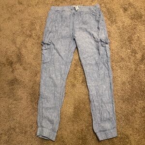 Nicole Miller 100% Linen Cargo Pants Womens Large Blue Jogger Tapered Leg Casual